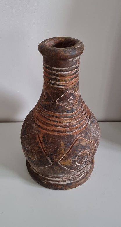 Old Vintage Clay Pottery Vase With Hand Etched Design