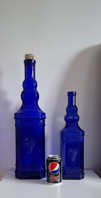 Pair Of Tall Vintage Cobalt Blue Glass Bottles