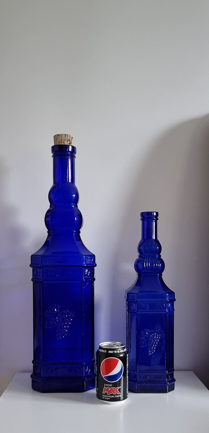 Pair Of Tall Vintage Cobalt Blue Glass Bottles