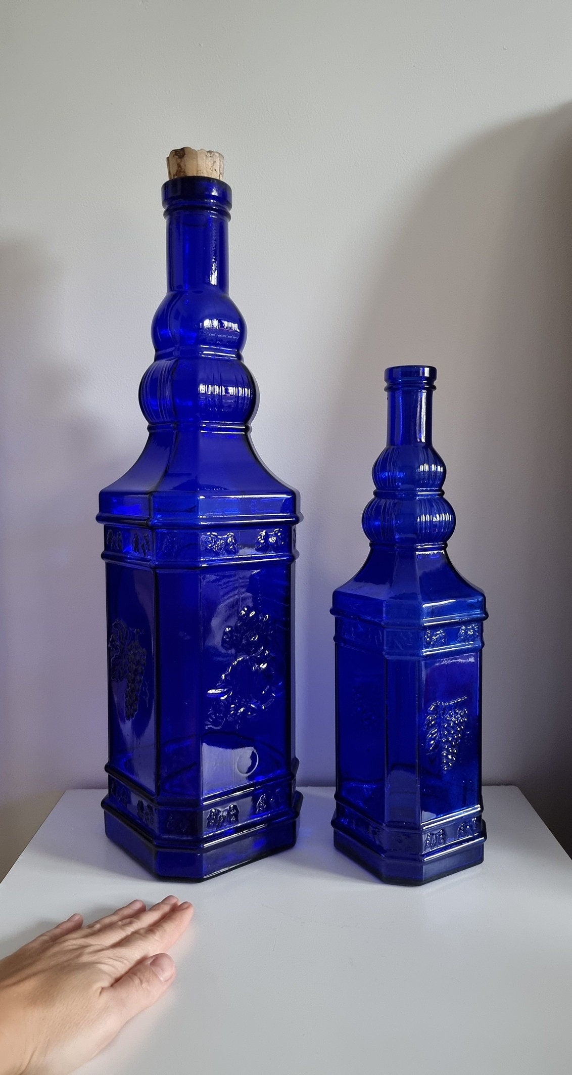 Pair Of Tall Vintage Cobalt Blue Glass Bottles