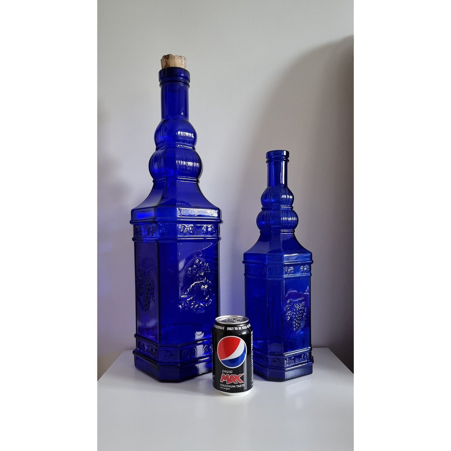 Pair Of Tall Vintage Cobalt Blue Glass Bottles