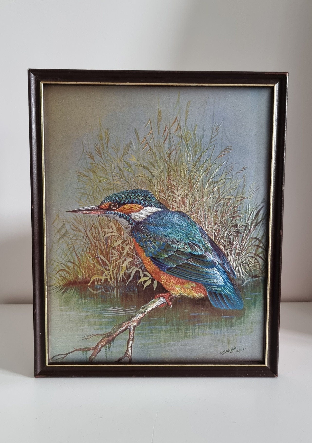 Vintage P. Sturgess Foil Art Kingfisher Bird In Wooden Frame