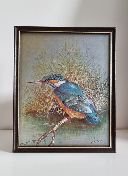 Vintage P. Sturgess Foil Art Kingfisher Bird In Wooden Frame