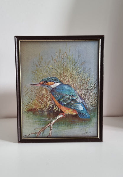 Vintage P. Sturgess Foil Art Kingfisher Bird In Wooden Frame