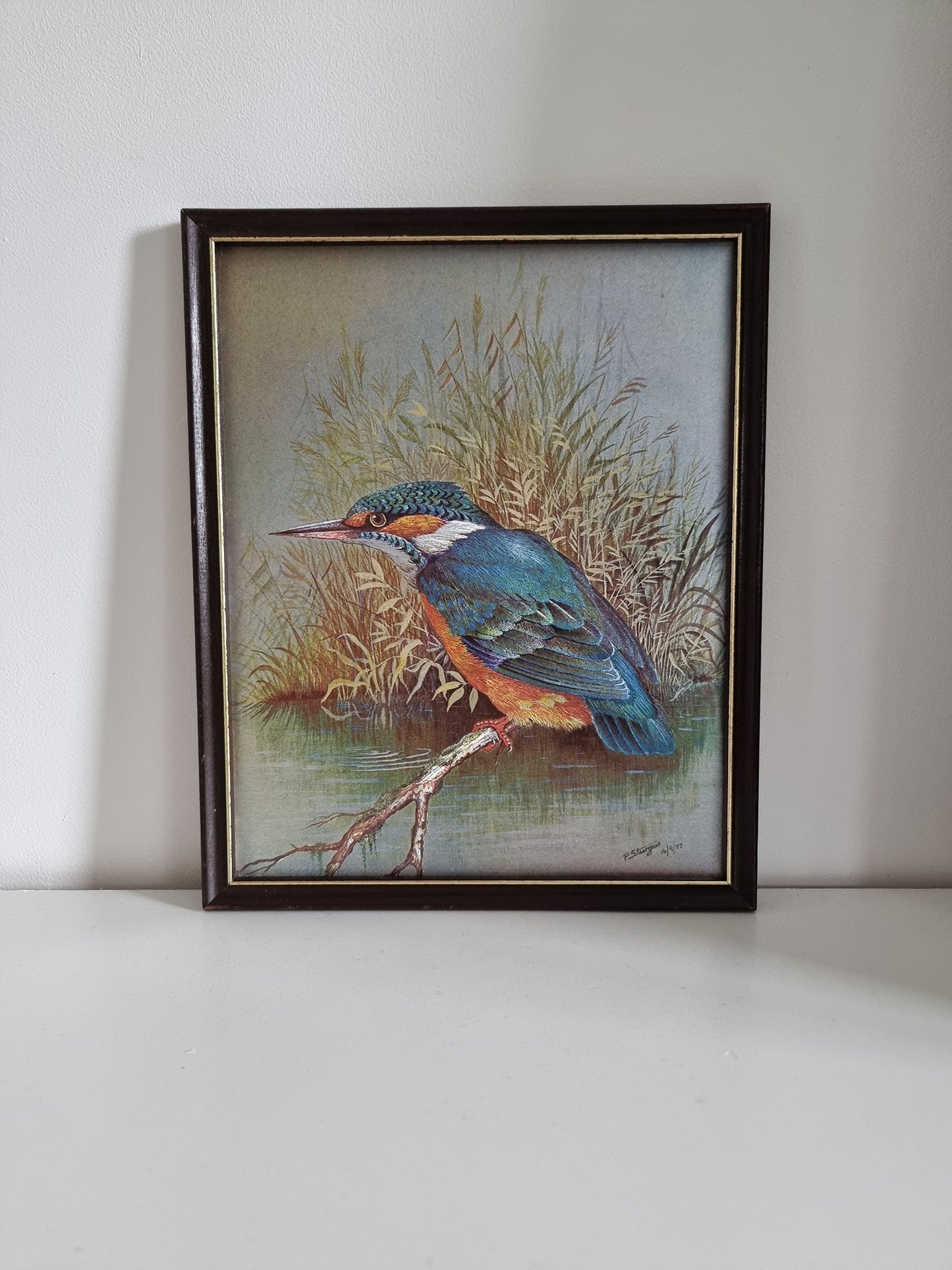 Vintage P. Sturgess Foil Art Kingfisher Bird In Wooden Frame