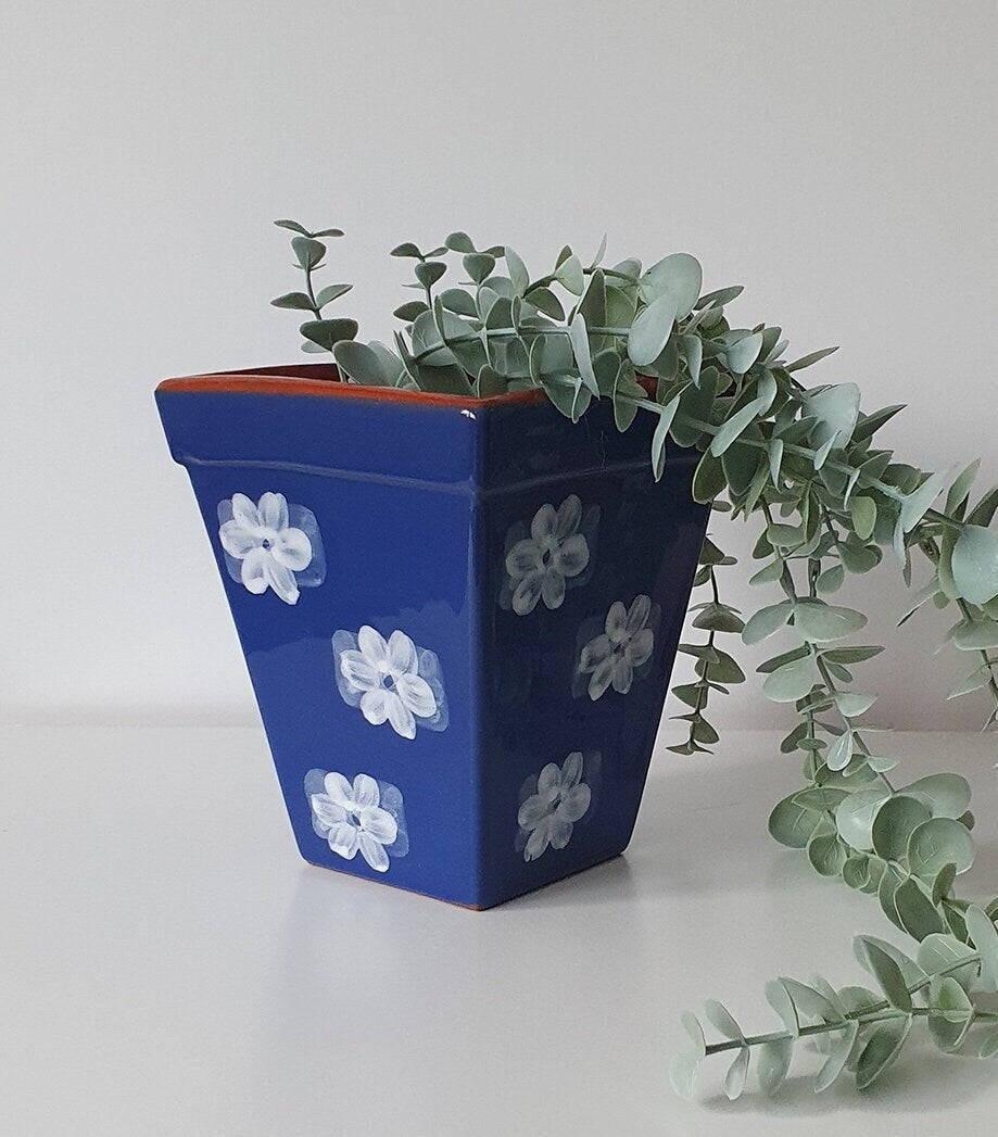 Lovely Hand Painted Square Ceramic Planter/Plant Pot In Floral Design