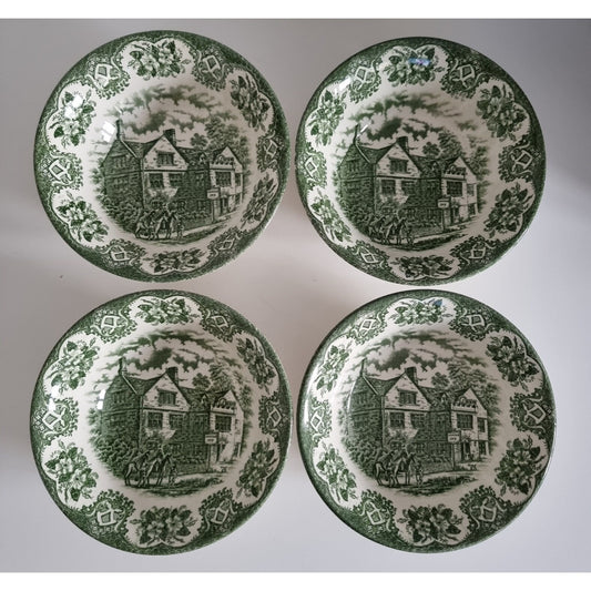 Vintage Green Transferware Soup/Cereal Bowls By English Ironstone Tableware, Staffordshire