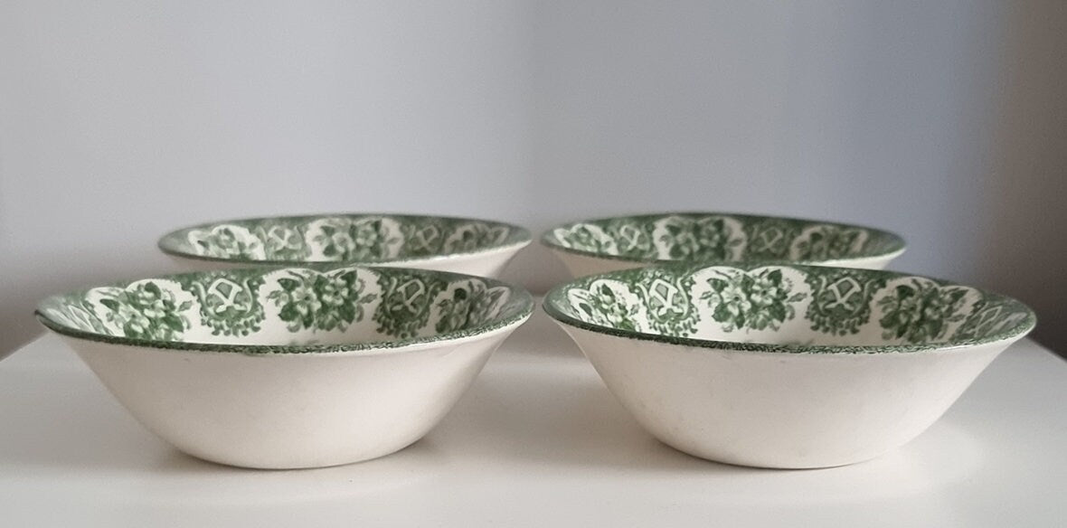 Vintage Green Transferware Soup/Cereal Bowls By English Ironstone Tableware, Staffordshire