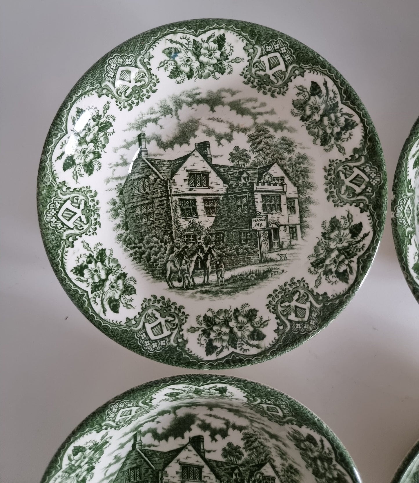 Vintage Green Transferware Soup/Cereal Bowls By English Ironstone Tableware, Staffordshire