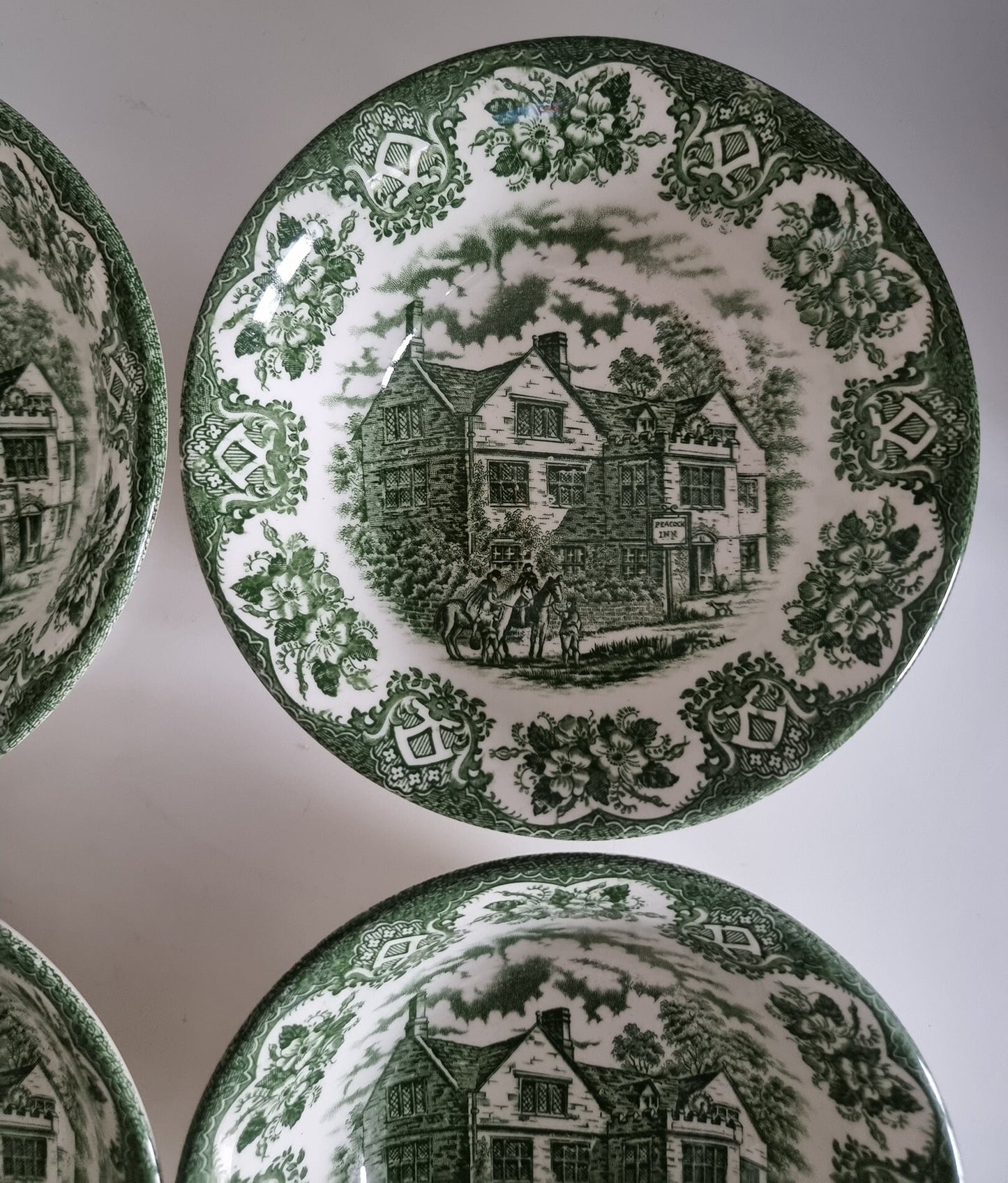 Vintage Green Transferware Soup/Cereal Bowls By English Ironstone Tableware, Staffordshire