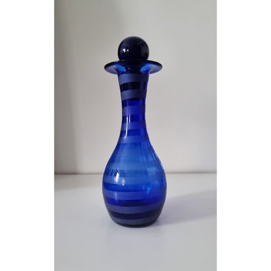 Vintage Cobalt Blue Frosted/Satin Swirl Design Glass Decanter Or Vase