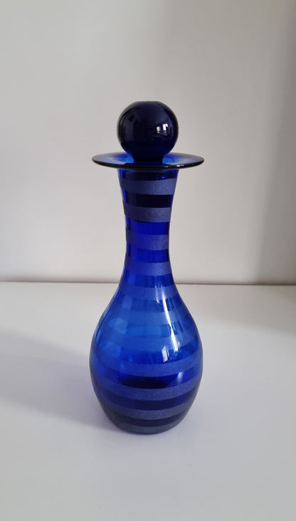 Vintage Cobalt Blue Frosted/Satin Swirl Design Glass Decanter Or Vase