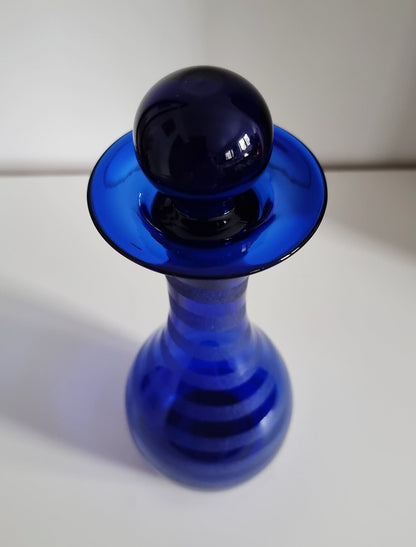 Vintage Cobalt Blue Frosted/Satin Swirl Design Glass Decanter Or Vase