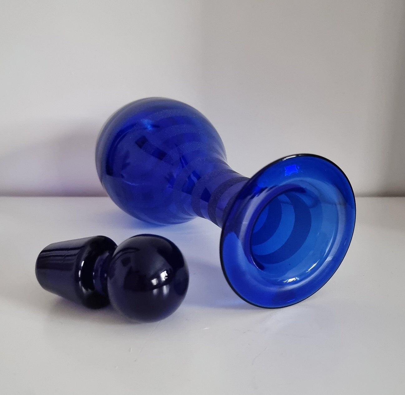 Vintage Cobalt Blue Frosted/Satin Swirl Design Glass Decanter Or Vase