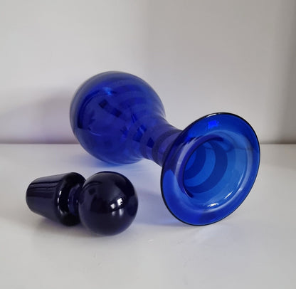 Vintage Cobalt Blue Frosted/Satin Swirl Design Glass Decanter Or Vase