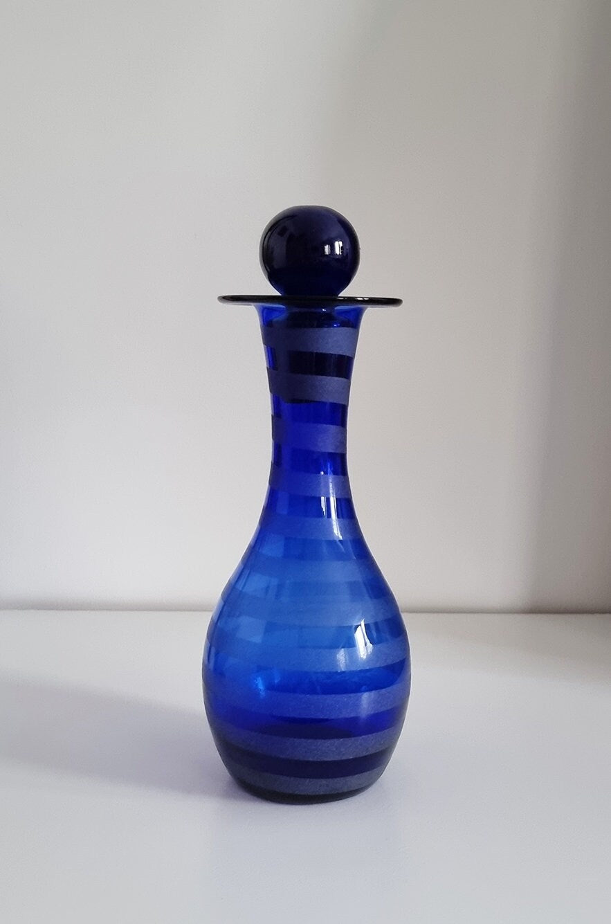 Vintage Cobalt Blue Frosted/Satin Swirl Design Glass Decanter Or Vase