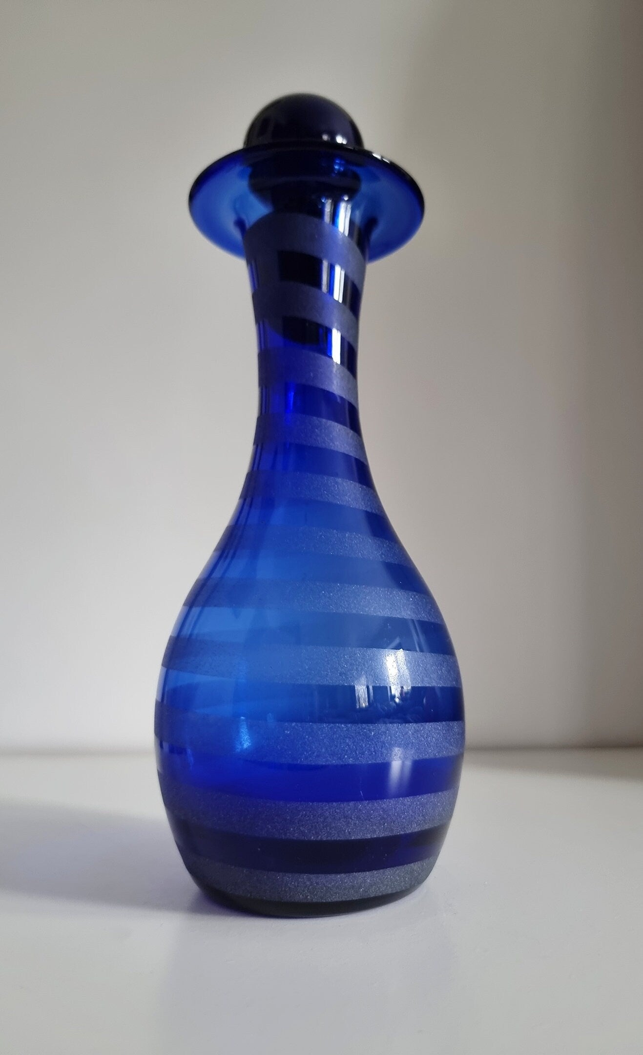 Vintage Cobalt Blue Frosted/Satin Swirl Design Glass Decanter Or Vase