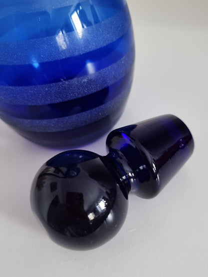 Vintage Cobalt Blue Frosted/Satin Swirl Design Glass Decanter Or Vase