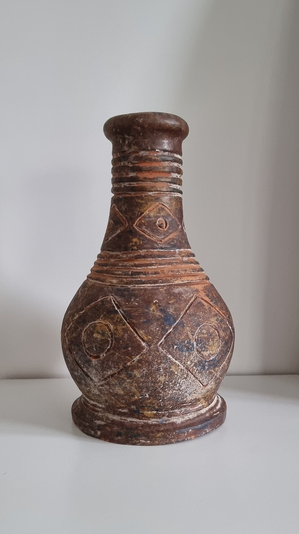 Old Vintage Clay Pottery Vase With Hand Etched Design