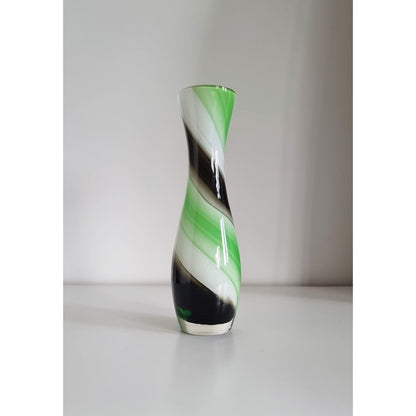 Vintage Japanese White/Green/Brown Swirl Design Glass Vase