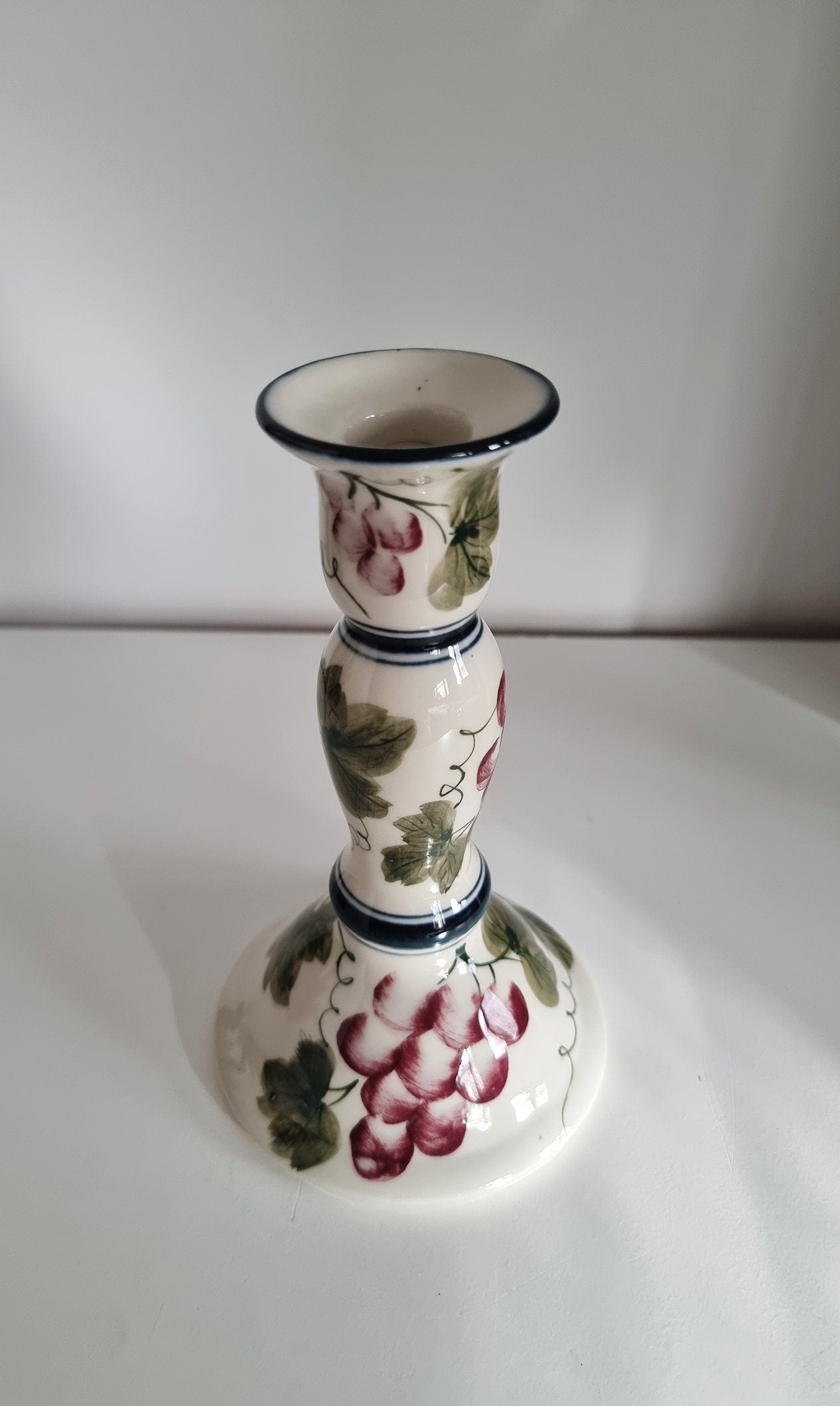 Vintage Hand Painted Ceramic Candlestick With Grape Design