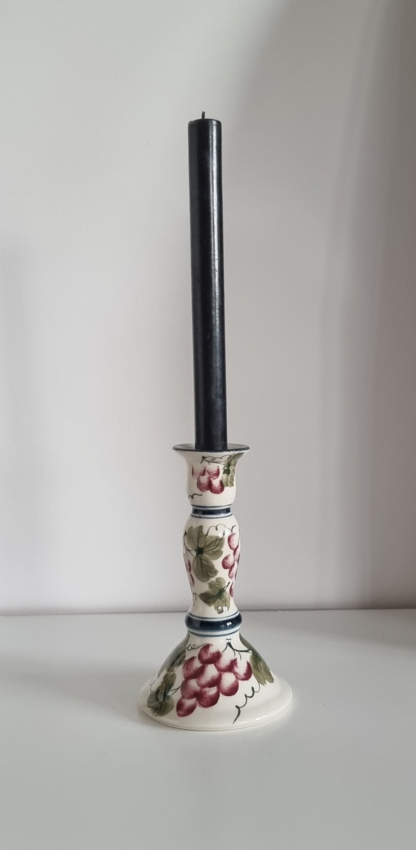 Vintage Hand Painted Ceramic Candlestick With Grape Design