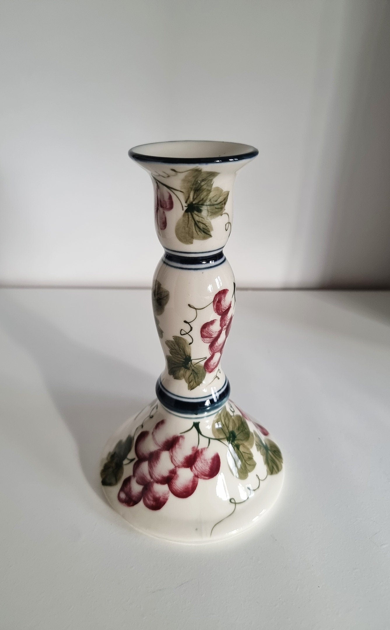 Vintage Hand Painted Ceramic Candlestick With Grape Design