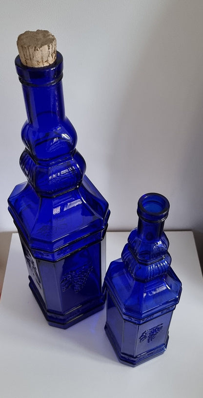 Pair Of Tall Vintage Cobalt Blue Glass Bottles