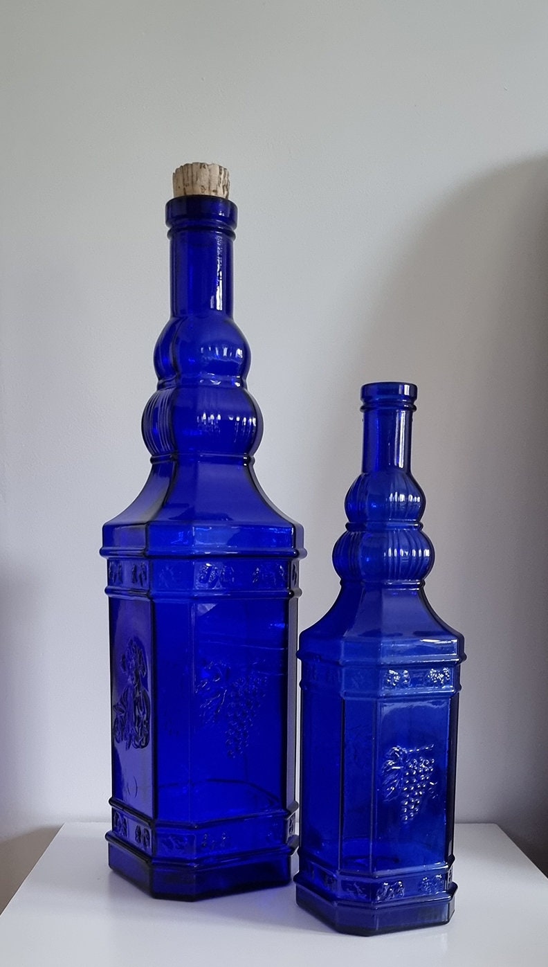 Pair Of Tall Vintage Cobalt Blue Glass Bottles