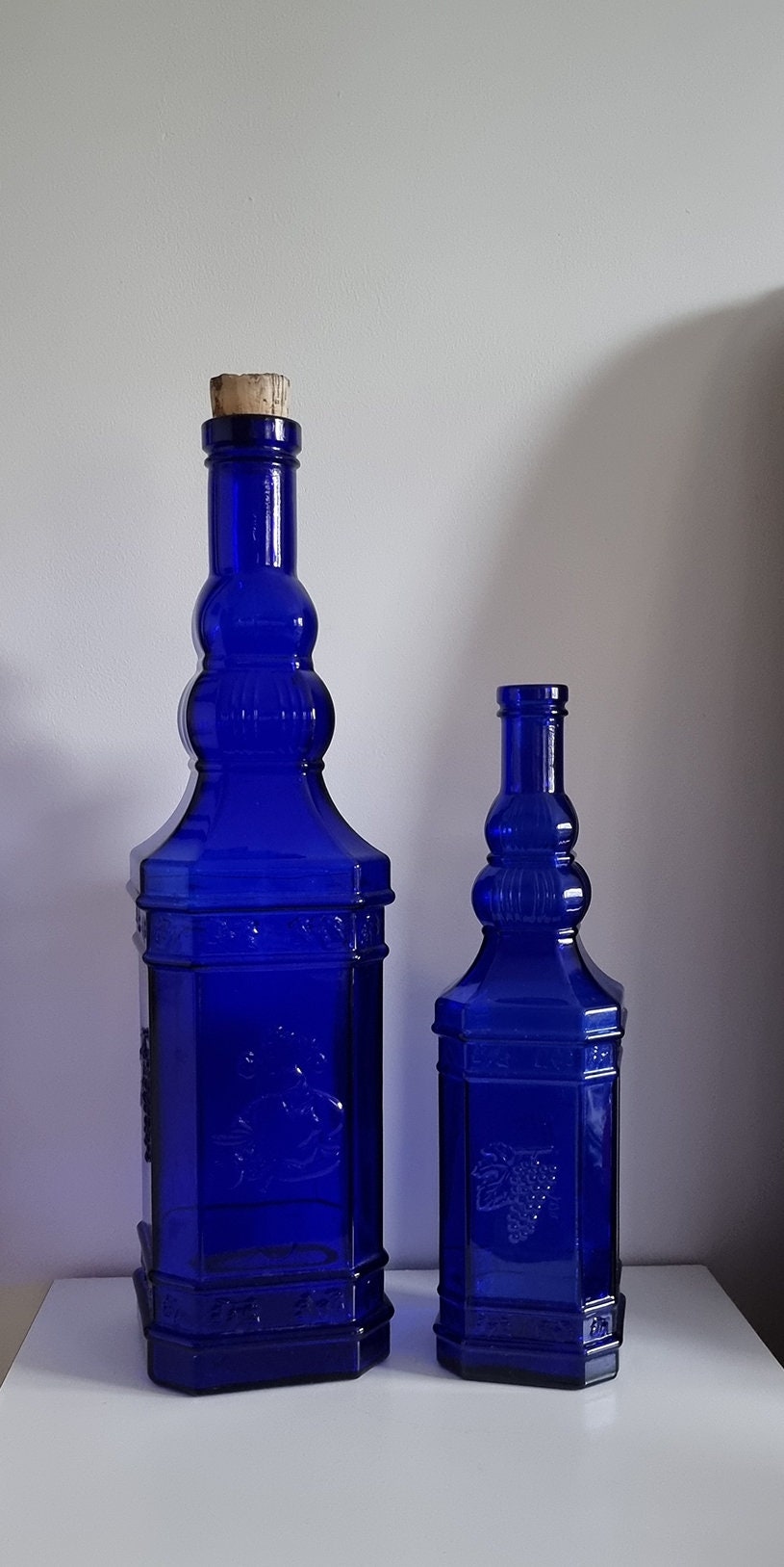 Pair Of Tall Vintage Cobalt Blue Glass Bottles