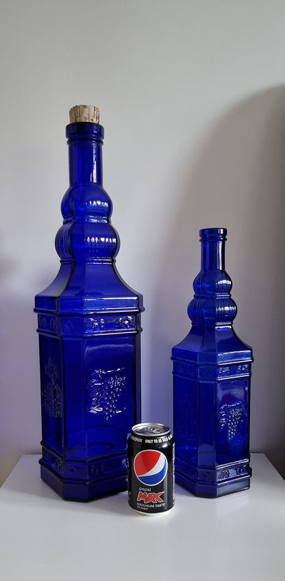 Pair Of Tall Vintage Cobalt Blue Glass Bottles