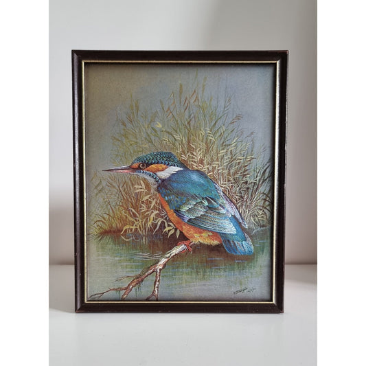 Vintage P. Sturgess Foil Art Kingfisher Bird In Wooden Frame