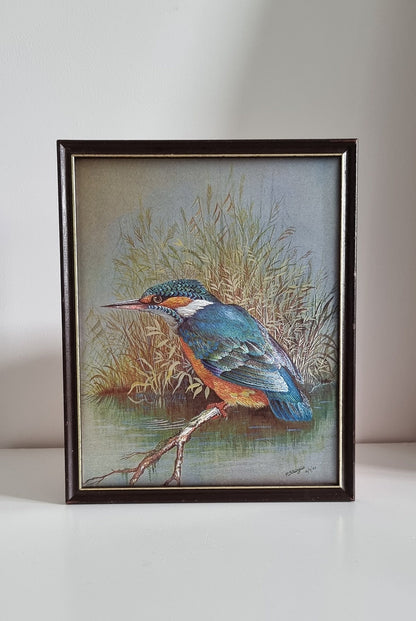 Vintage P. Sturgess Foil Art Kingfisher Bird In Wooden Frame