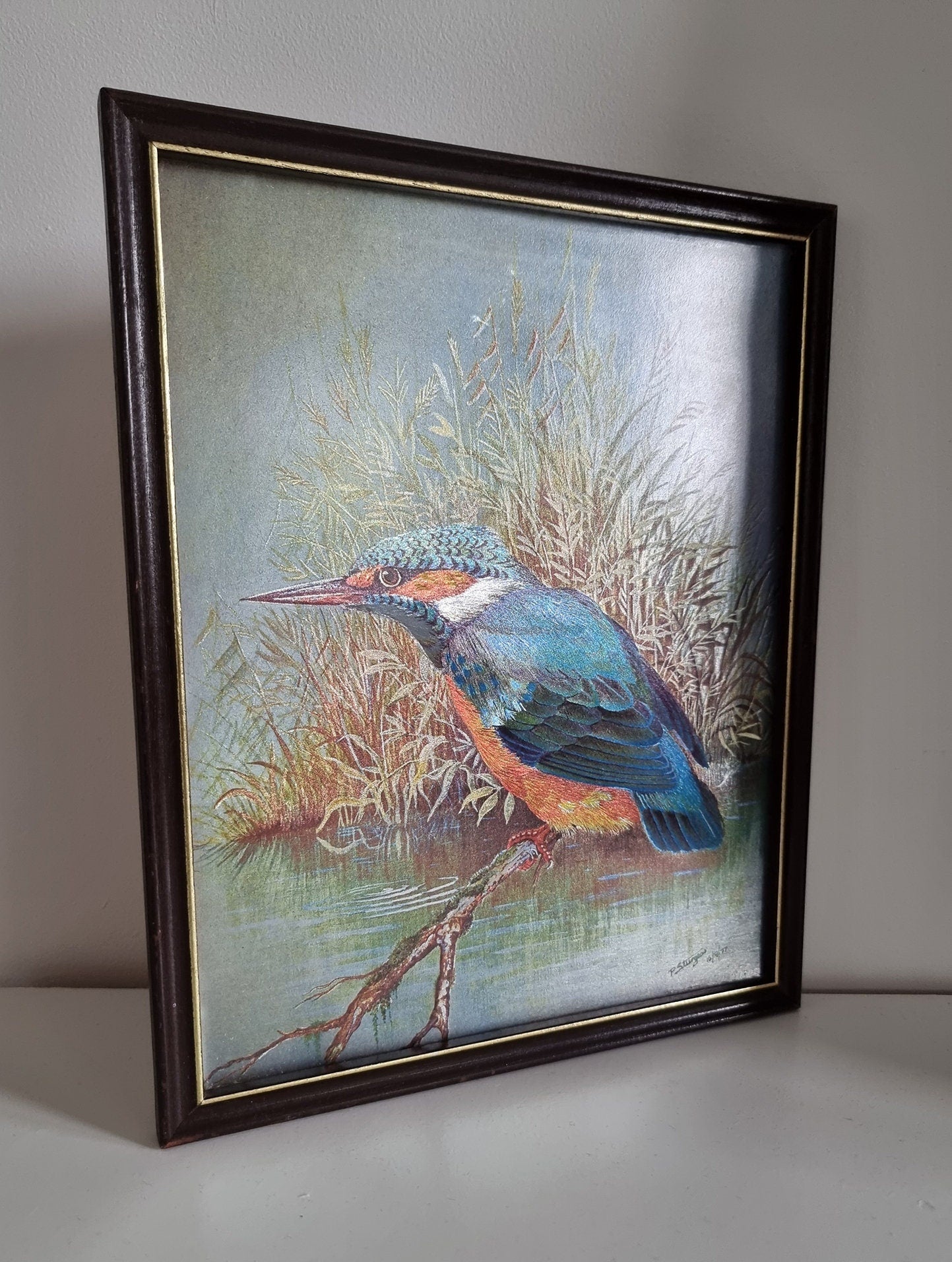 Vintage P. Sturgess Foil Art Kingfisher Bird In Wooden Frame