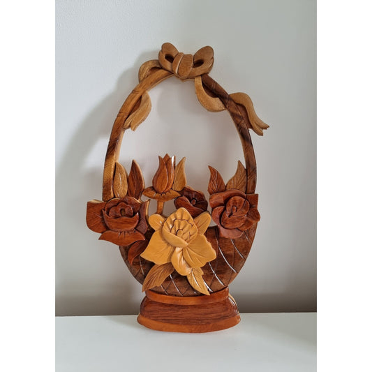 Vintage Wooden Flower Basket Wall Plaque