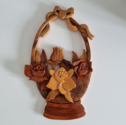 Vintage Wooden Flower Basket Wall Plaque