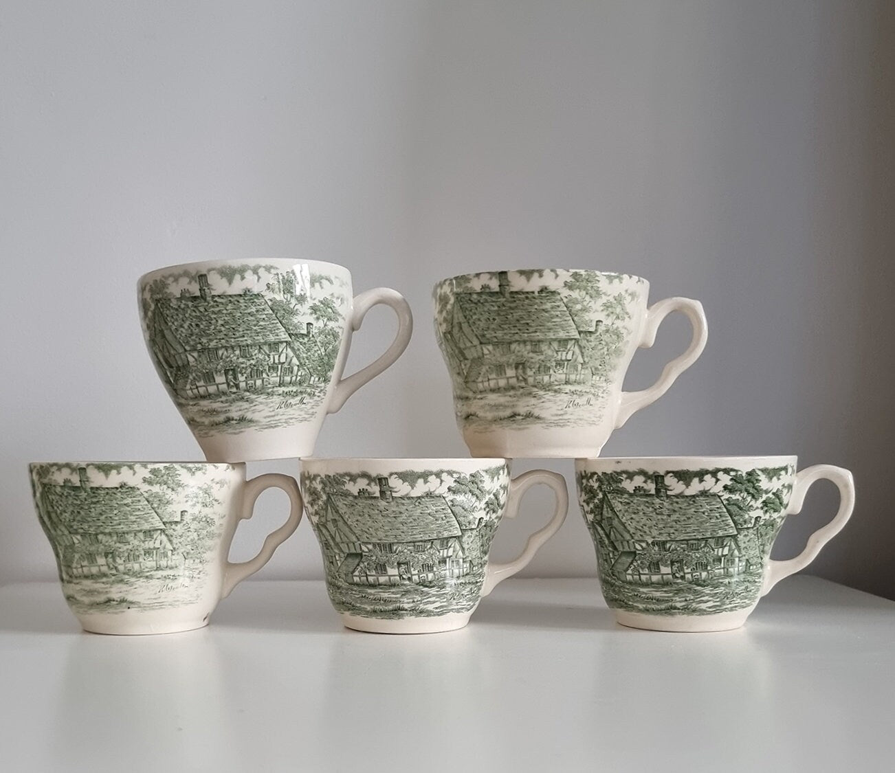 Vintage Green Transferware Teacups By English Ironstone Tableware, Staffordshire