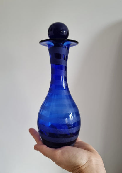 Vintage Cobalt Blue Frosted/Satin Swirl Design Glass Decanter Or Vase