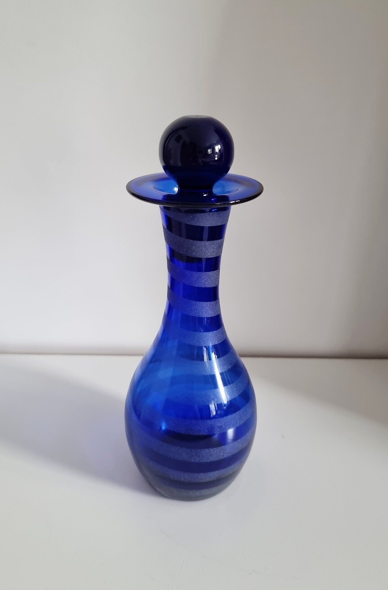 Vintage Cobalt Blue Frosted/Satin Swirl Design Glass Decanter Or Vase