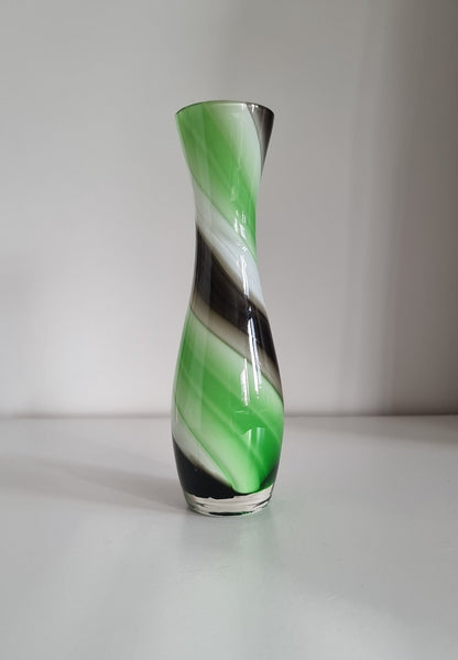 Vintage Japanese White/Green/Brown Swirl Design Glass Vase