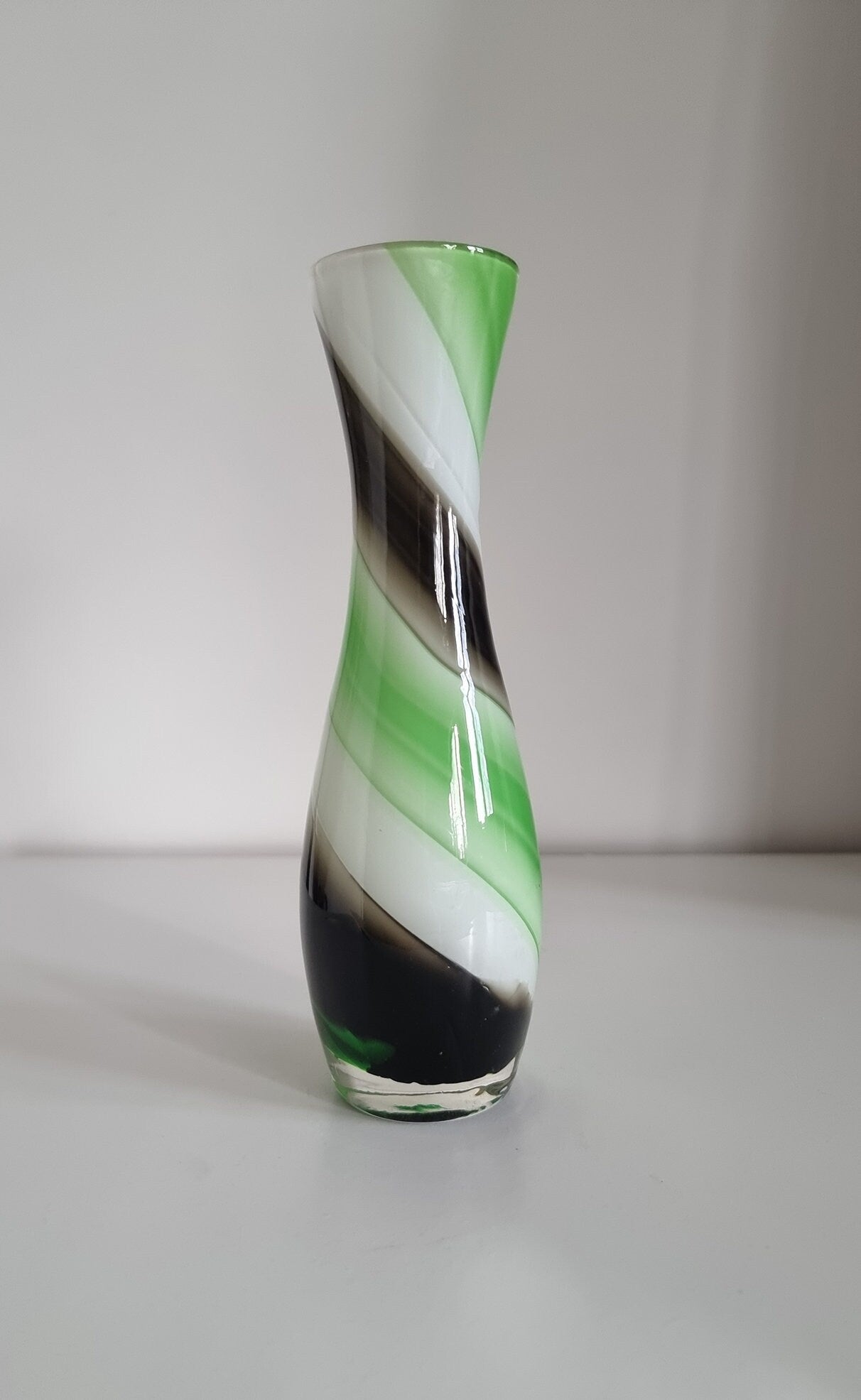 Vintage Japanese White/Green/Brown Swirl Design Glass Vase