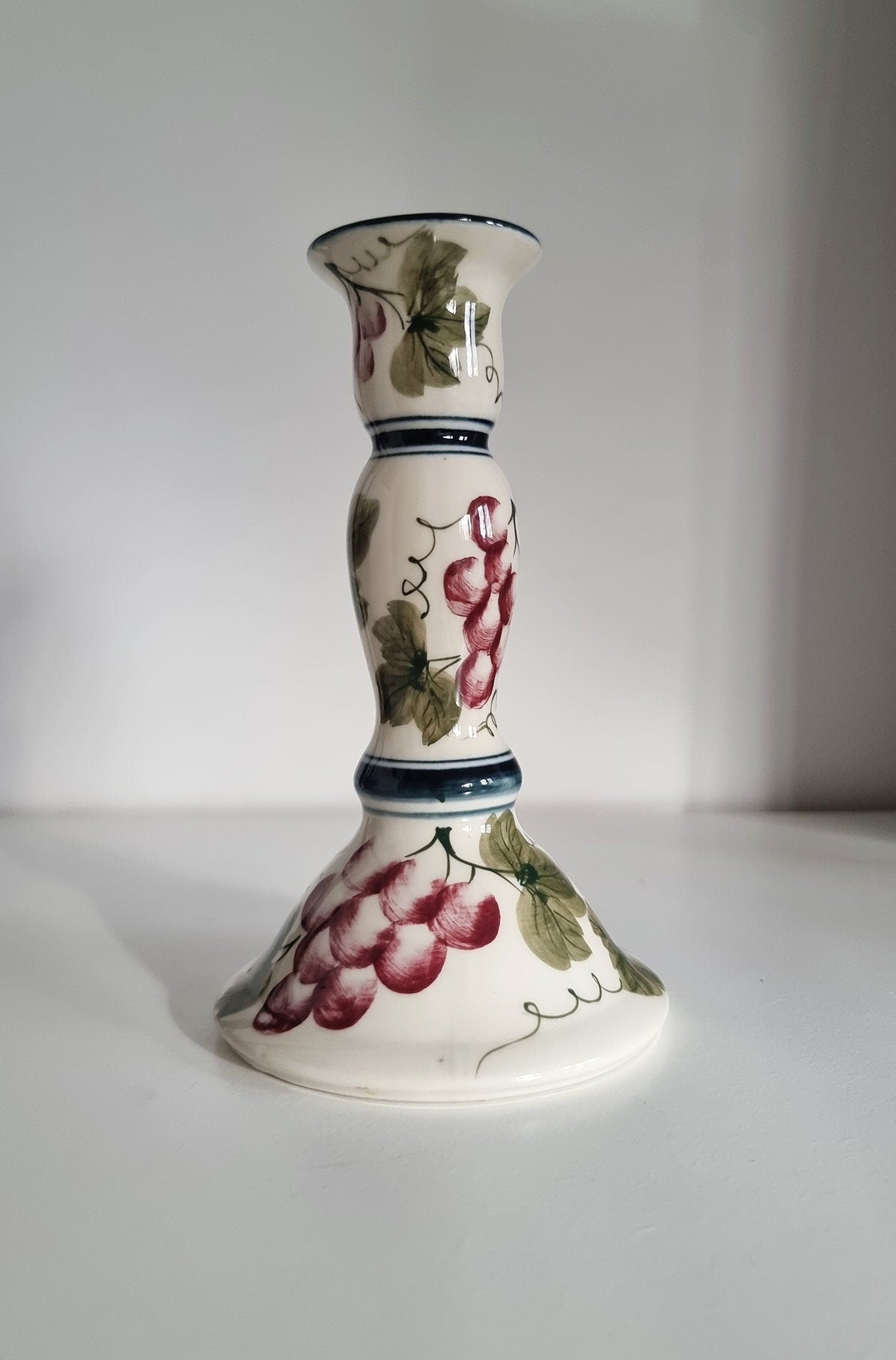 Vintage Hand Painted Ceramic Candlestick With Grape Design