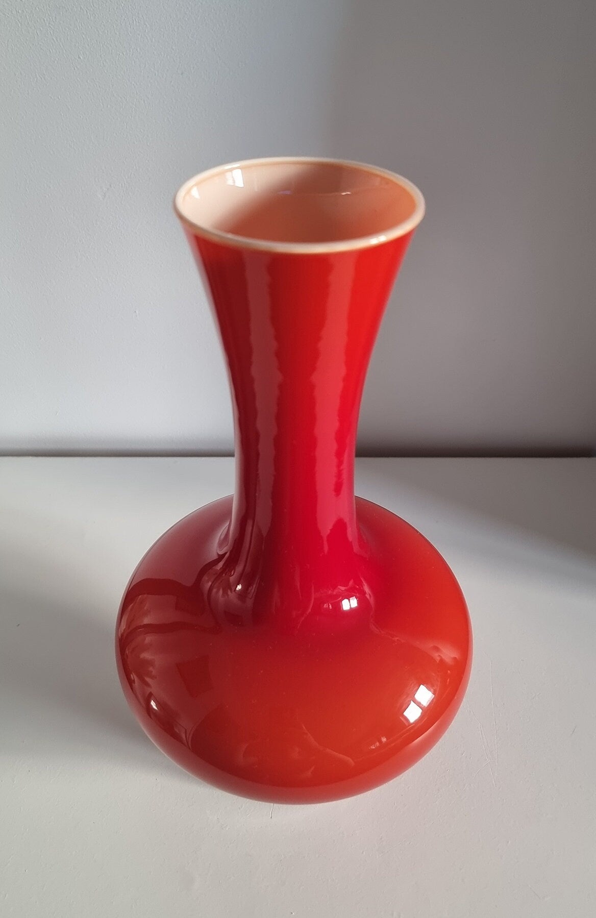 Mid-Century Modern Red Hooped Cased Glass Vase