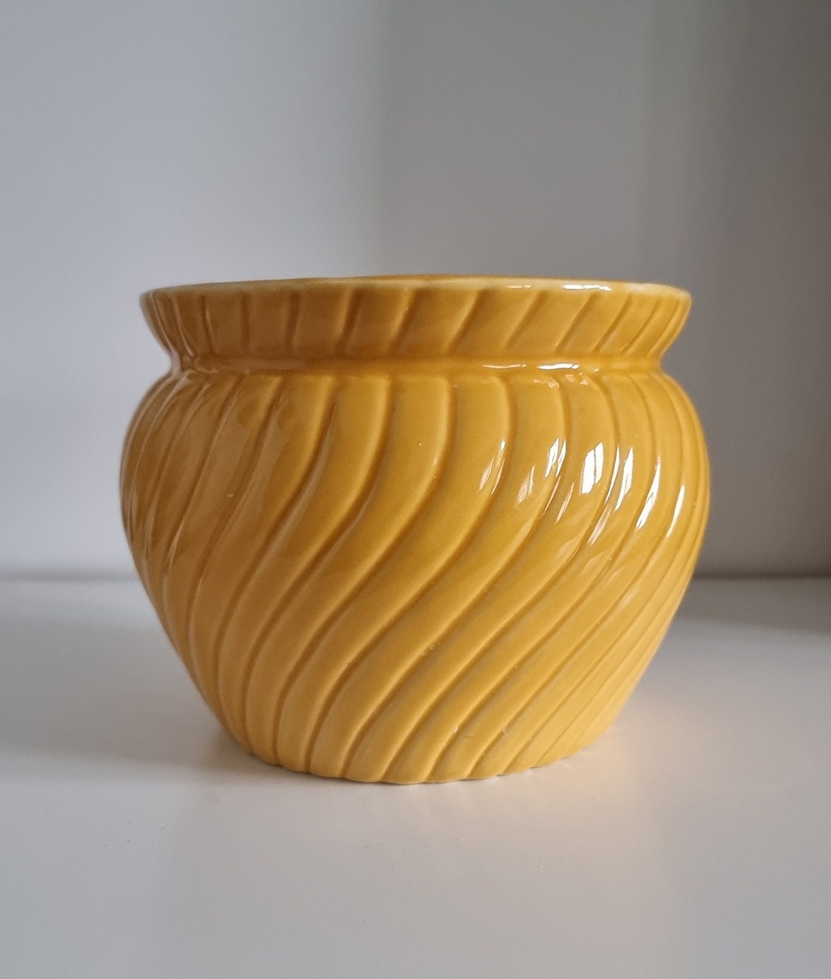 Retro Mustard Colour Ribbed Ceramic Plant Pot