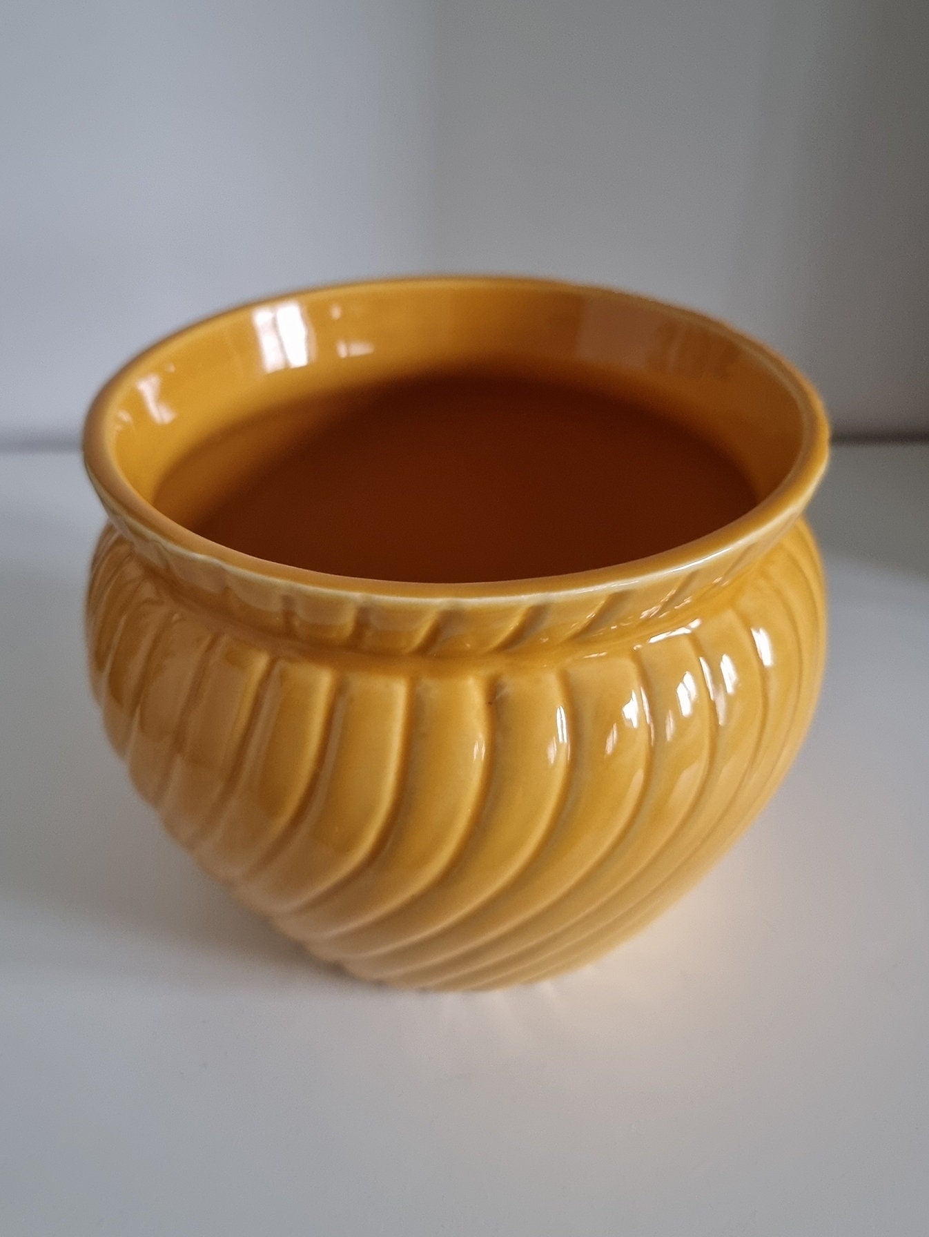 Retro Mustard Colour Ribbed Ceramic Plant Pot