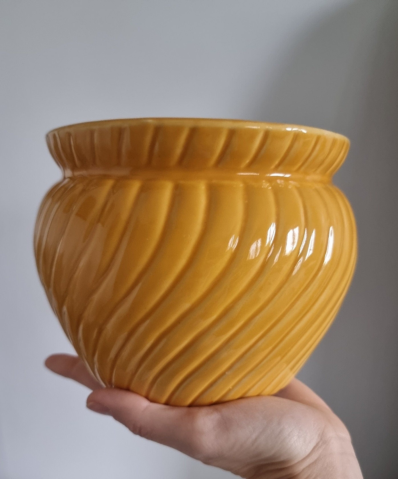 Retro Mustard Colour Ribbed Ceramic Plant Pot