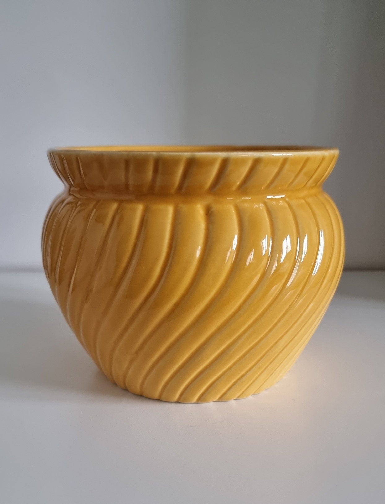 Retro Mustard Colour Ribbed Ceramic Plant Pot