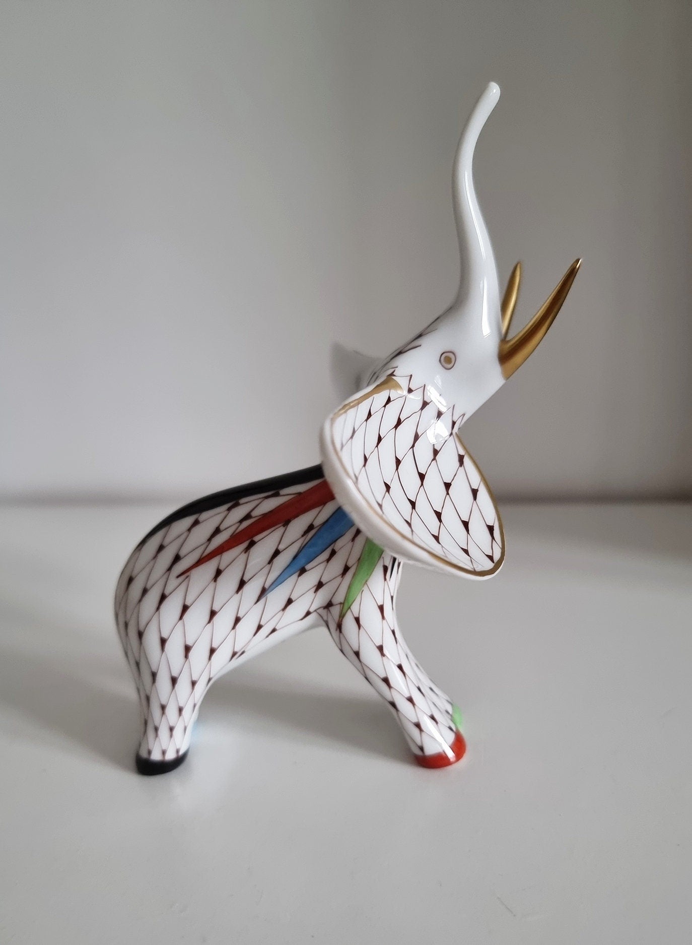 Vintage Hungarian Hollóháza "Fishnet" Porcelain Elephant Figurine