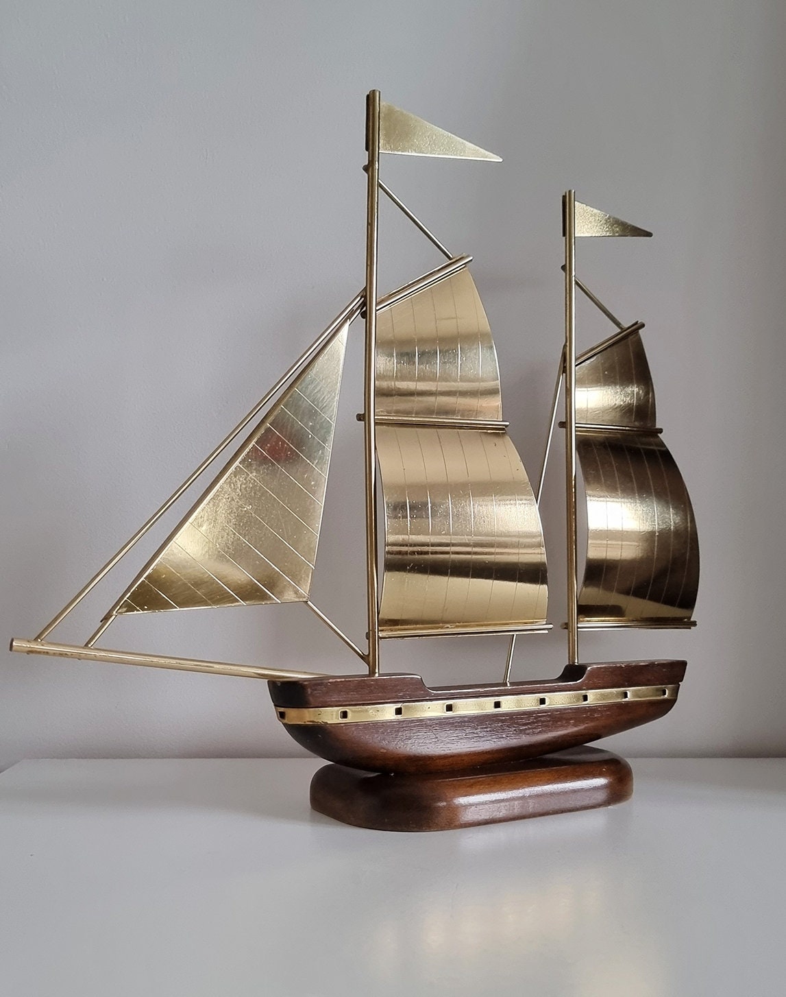 Vintage Brass & Wood Sailing Ship Sculpture