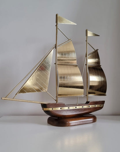 Vintage Brass & Wood Sailing Ship Sculpture